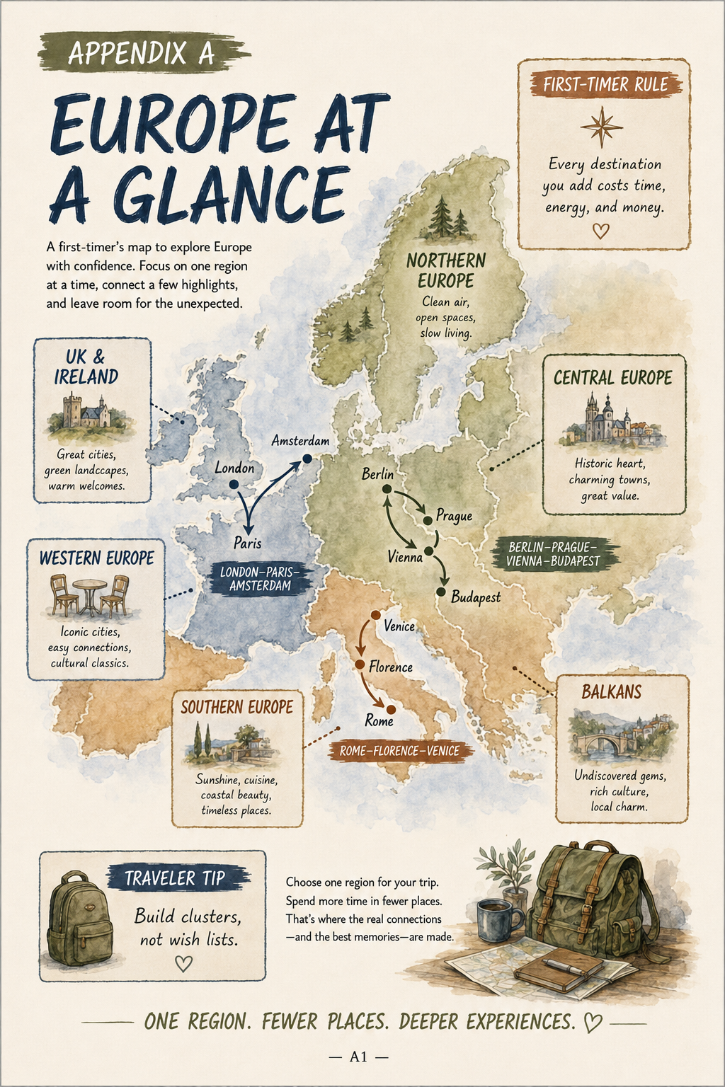 Illustrated Europe route-planning map for first-time independent travellers