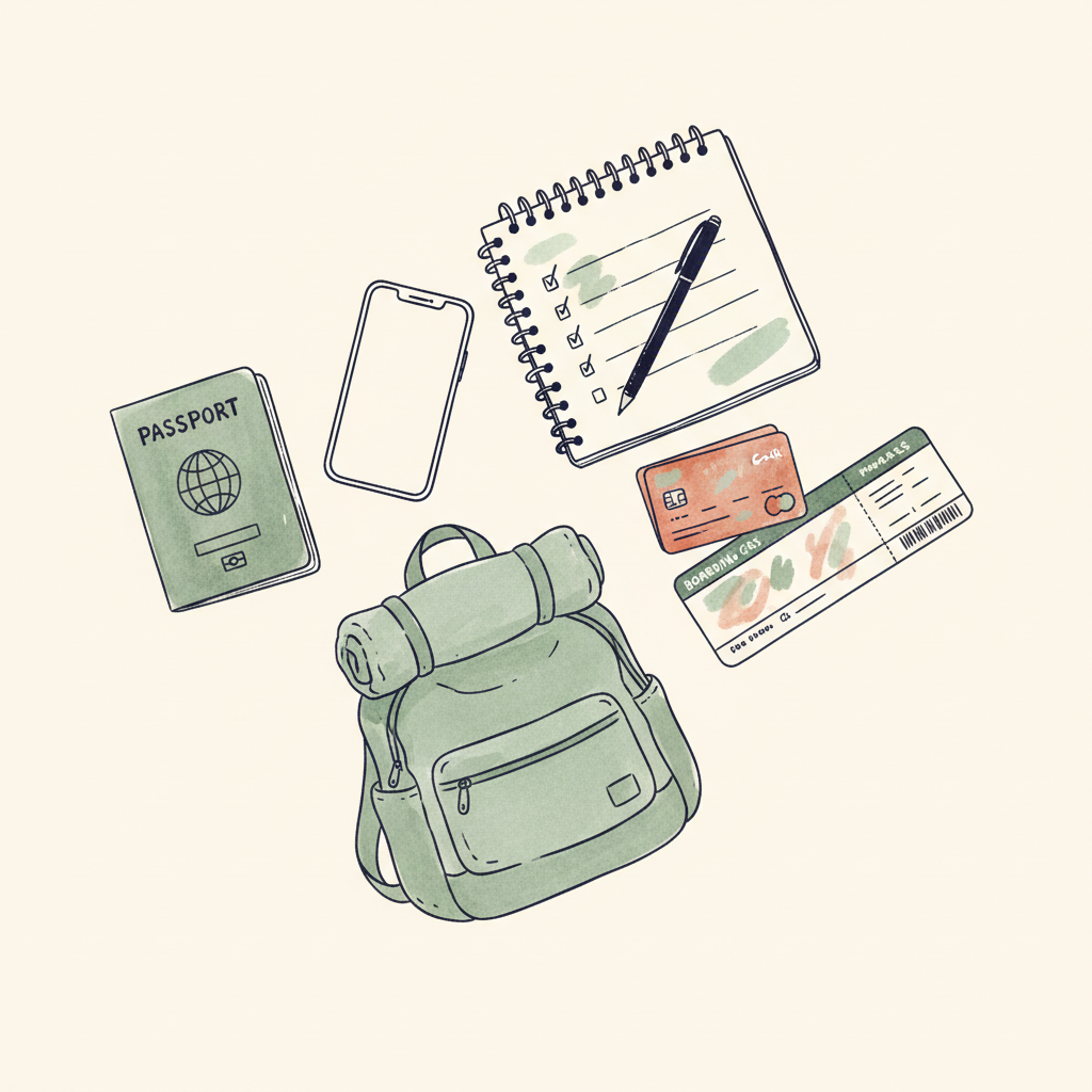 Travel preparation checklist — passport, phone, backpack, cards and notebook